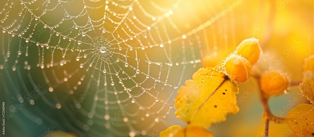 Poster macro soft focus effect captures close-up drops of morning dew in an autumn web on a cool, foggy mor
