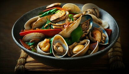 Spicy stir-fried seafood including clams