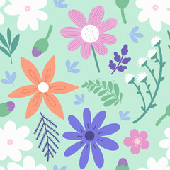 Seamless floral pattern. Hand drawn wildflowers scattered on green background. Raster allover print great for fabric or paper print
