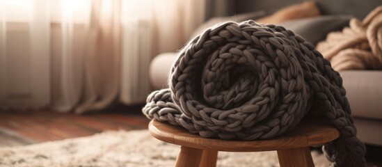 Chunky knit blanket, in dark grey, rolled on a wooden stool in the room.