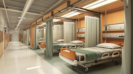 An ICU ward designed with privacy partitions for each bed, offering a sense of dignity and solitude in critical care.