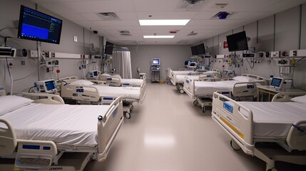 An isolation ICU room equipped for treating patients with infectious diseases, complete with life support and protective measures. - obrazy, fototapety, plakaty