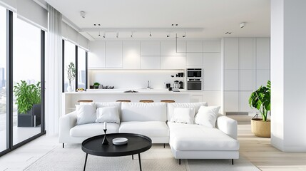 An open-plan white living room seamlessly integrated with a modern kitchen and dining area. .