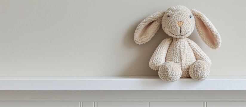 Bunny rabbit toy on baby's shelf.