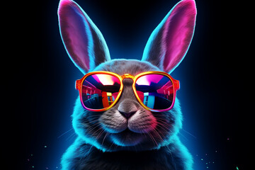 Cool baby young DJ rabbit sunglasses in colorful neon light enjoys the music