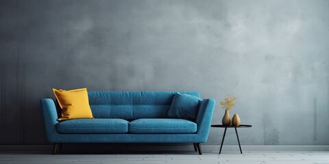 Blue couch and side table in a grey room.