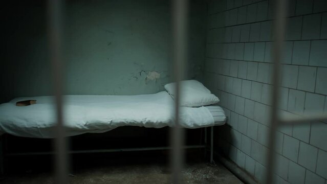 Interior of prison cell with bible on bed and no windows, view through bars