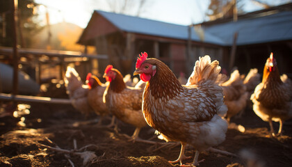 Young chickens roam freely in a sunny farm meadow generated by AI