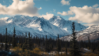 Obraz premium Snowy mountains of Alaska, landscape with forests, valleys, and rivers in daytime. Serene wilderness nature composition background wallpaper, travel destination, adventure outdoors