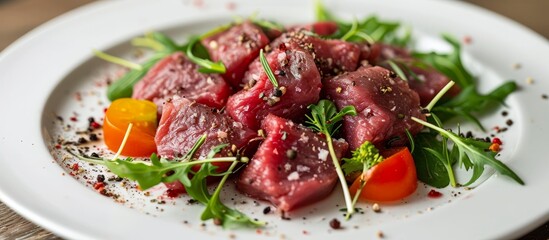 Delicious raw beef delicacy served on a white plate.
