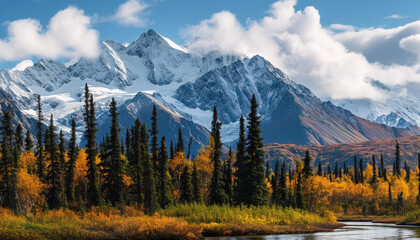 Fototapeta na wymiar Snowy mountains of Alaska, landscape with forests, valleys, and rivers in daytime. Serene wilderness nature composition background wallpaper, travel destination, adventure outdoors