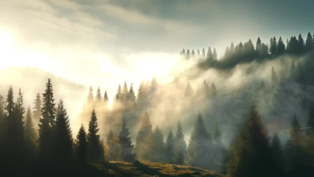 sun light through fog and clouds above the forest. sunrise in the mountains. seamless looping overlay 4k virtual video animation background 