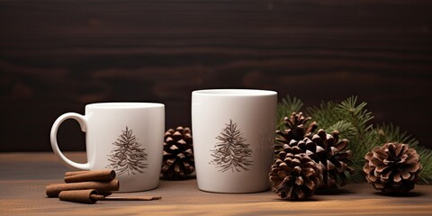 Christmas-themed eco mockup for product design and display, featuring a live Christmas tree in a mug, pine cones, cinnamon, kitchen utensils, and wooden ornaments on an empty rustic table.