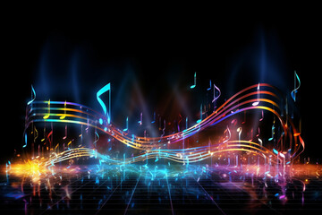 Composition of musical notes, lights, wave and sine patterns on the subject of music, sound equipment and processing, audio performance and entertainment