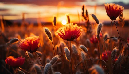 Deurstickers Sunset over meadow, wildflowers bloom in vibrant colors generated by AI © Jemastock