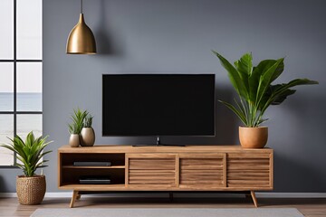 Wooden TV interior wall cabinet Mockup with tropical style small plant in living room place with free space in the middle of the image to present the product.