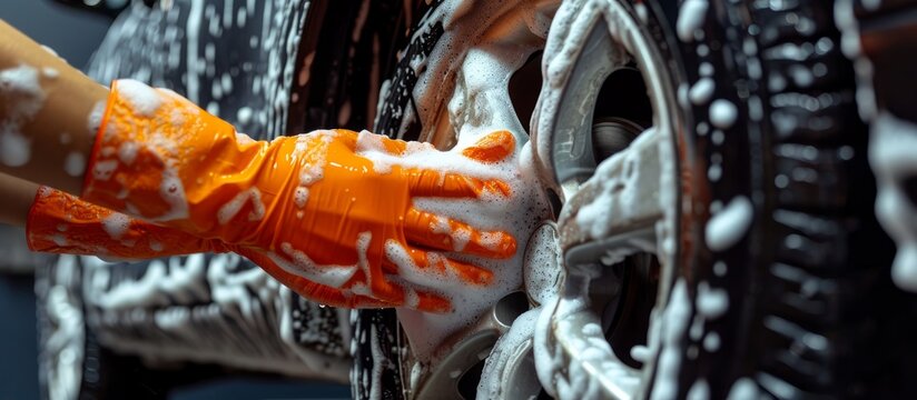 Washing wheel and tire using orange-gloved hands and foam wash.