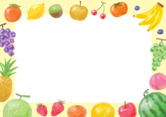 色々なフルーツの水彩風手描きフレーム-横型-黄色フチ白背景