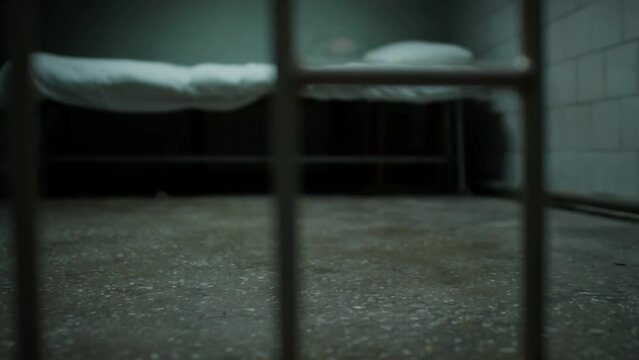 View through bars of prison cell with bed and no people there, focus on concrete floor