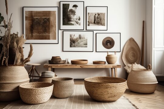 In a contemporary living room, various wicker baskets for home décor are arranged on the floor. poster or photo mockup