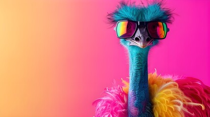 Creative animal concept. emu bird,vibrant bright fashionable outfits isolated on solid background advertisement with copy space. birthday party invite invitation banner