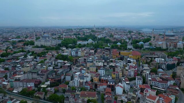 Blue Mosque and Hagia Sophia aerial view at Sultan Ahmet at Park in Sultanahmet district in historic city of Istanbul, Turkey. Historic Areas of Istanbul is a UNESCO World Heritage Site. 
