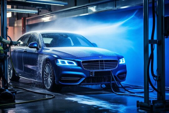 Automated car cleaning station using brushes to wash a blue car. Generative AI