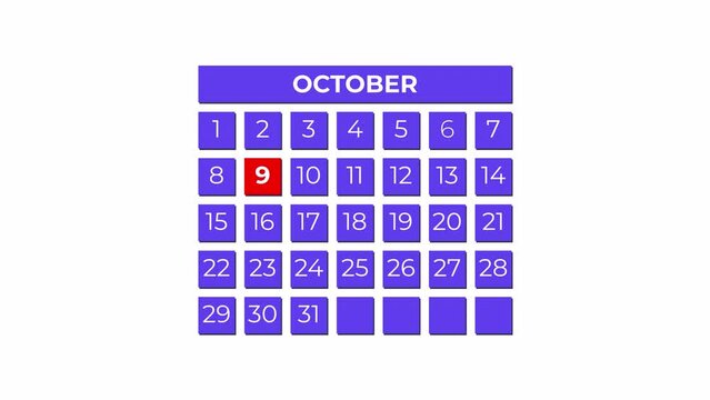9th October calendar icon animation. Alpha matte with transparent background 4K resolution.