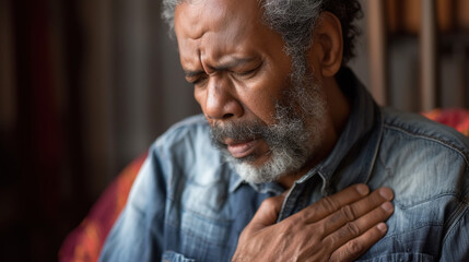 Old man holding his chest with a sad and pained expression