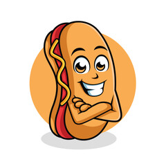 Hot Dog Cartoon Character cross arm vector illustration - Happy cute Hot Dog cartoon mascot