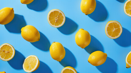 Lemons arranged in rows on blue background