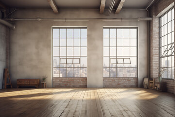 Empty loft room with large windows