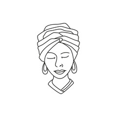 African woman wearing head cloth or dhuku with outline line art vector logo design style