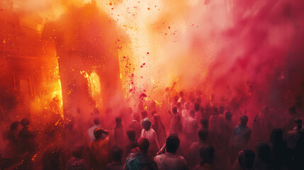 Holi Festival's Fiery Hues: Crowd Amidst Vivid Red and Yellow Colors