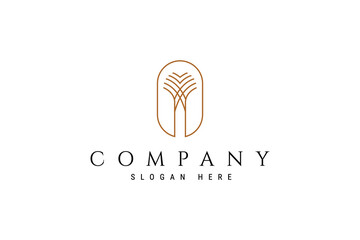 Elegant Palm icon linear outline mono line vector logo design in gold color oval frame