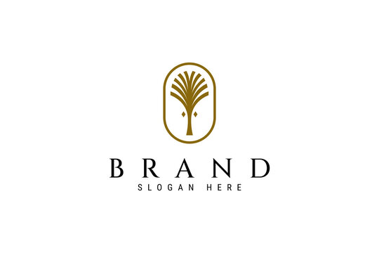 Elegant Palm icon flat vector logo design in gold color oval frame