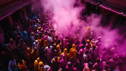 Overhead View of Holi Celebrants Enveloped in Pink Mist