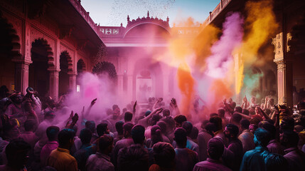 Fototapeta na wymiar Vibrant Holi Celebration with Colorful Powder at Indian Palace