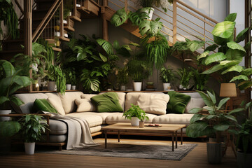 Fototapeta na wymiar Interior of living room with green houseplants and sofas