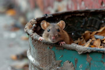 A rat peek out on a trash can in the city. Generative AI,