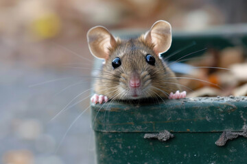 A rat peek out on a trash can in the city. Generative AI, - obrazy, fototapety, plakaty