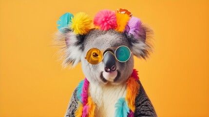Creative animal concept. Koala, vibrant bright fashionable outfits isolated on solid background advertisement with copy space. birthday party invite invitation banner