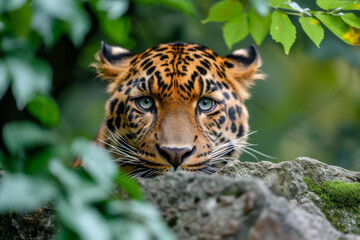 A tiger is peeking out from behind a rock. AI generative
