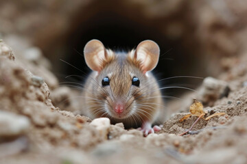 field mouse peeks out of an earthen hole. Generative AI
