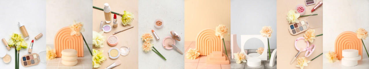 Set of decorative cosmetics and daffodil flowers on light background