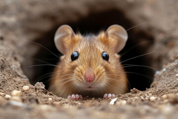field mouse peeks out of an earthen hole. Generative AI