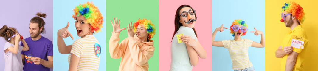Set of different people celebrating April Fools Day on color background - obrazy, fototapety, plakaty