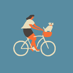 Girl riding a bicycle carrying a dog in a basket illustration. Vector illustration - 725181464