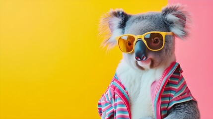 Fototapeta premium Creative animal concept. Koala, vibrant bright fashionable outfits isolated on solid background advertisement with copy space. birthday party invite invitation banner