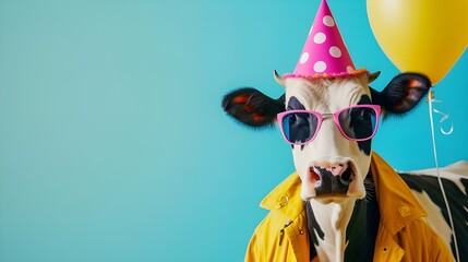 Creative animal concept. Cow, vibrant bright fashionable outfits isolated on solid background advertisement with copy space. birthday party invite invitation banner